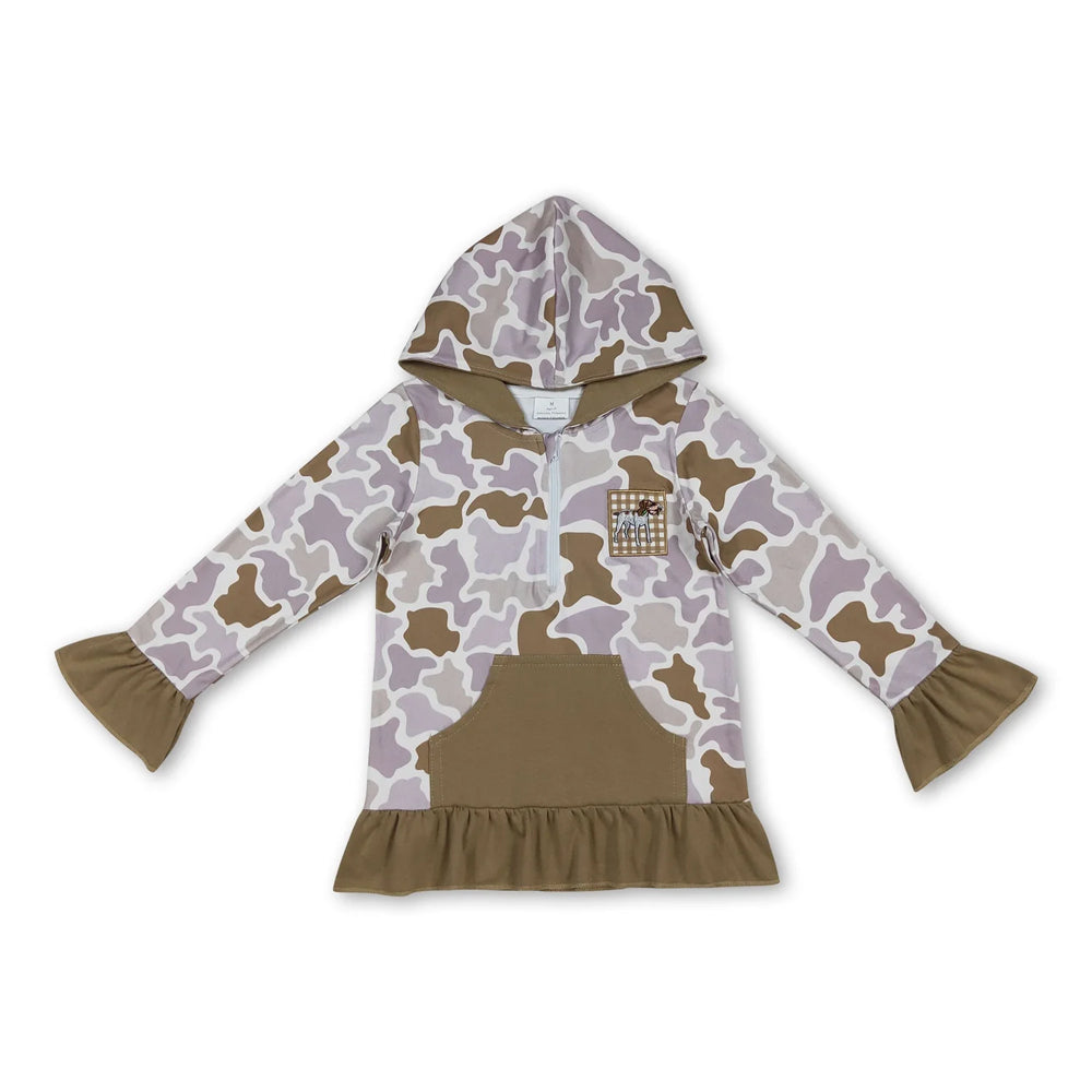 RTS NO MOQ Sibling milk silk Embroidery Baby Girls Camo Half Zip Long Sleeve Hooded Ruffle Hem Top