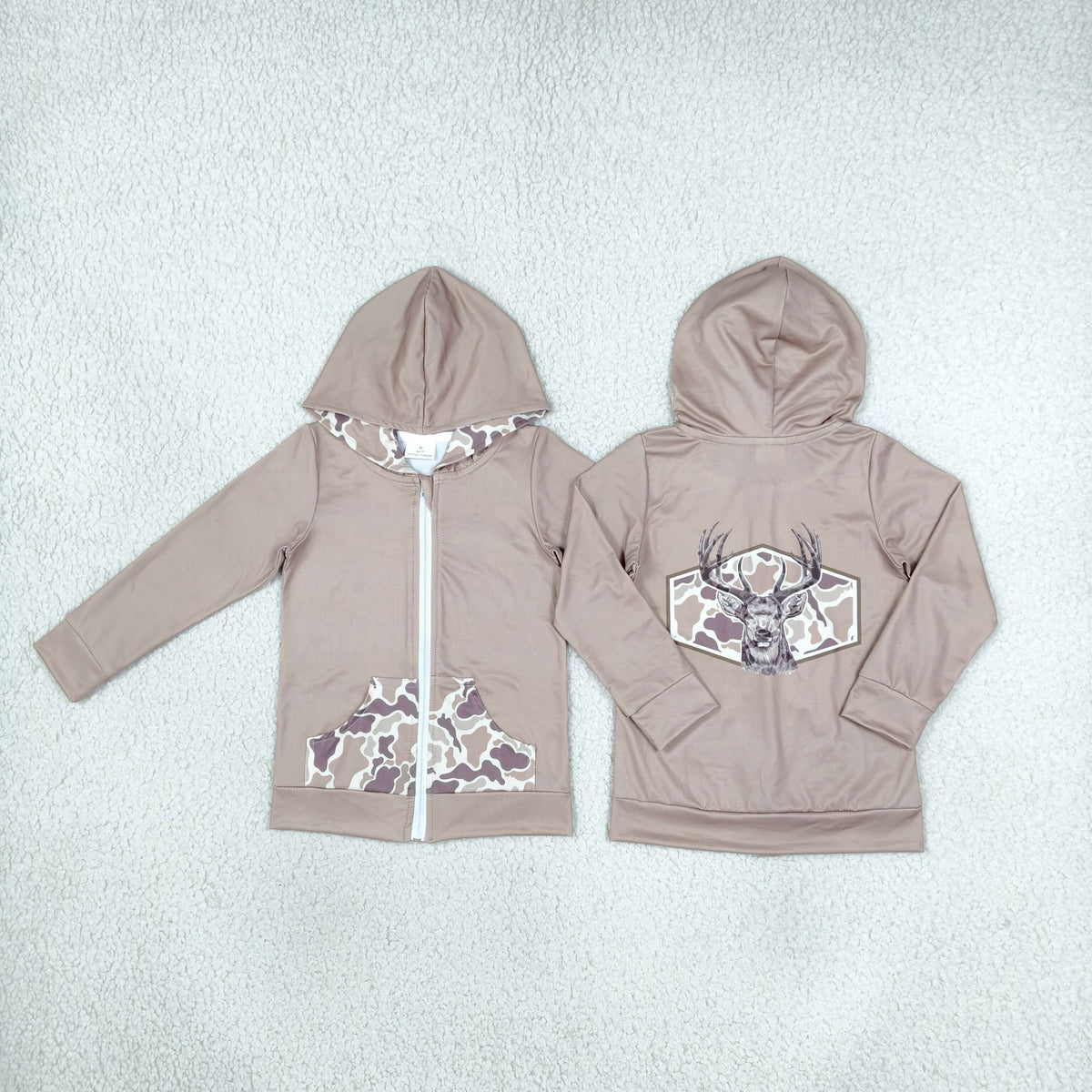 NEW RTS NO MOQ milk silk GT1144 Baby Girls Khaki Camo Deer Pocket Zip Hoodie Jackets Top Casual Daily Outfit
