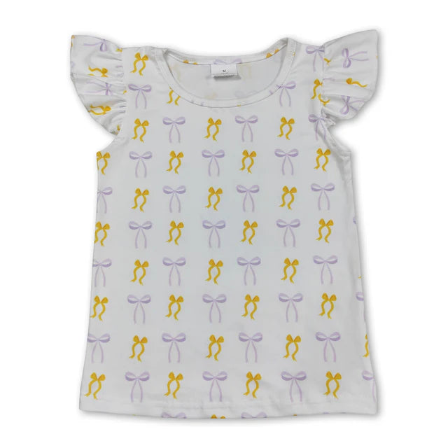 RTS NO MOQ milk silk GT1147+SS0067 Baby Girls Yellow Lavender Bows Plaid Tee Shirts Top Set