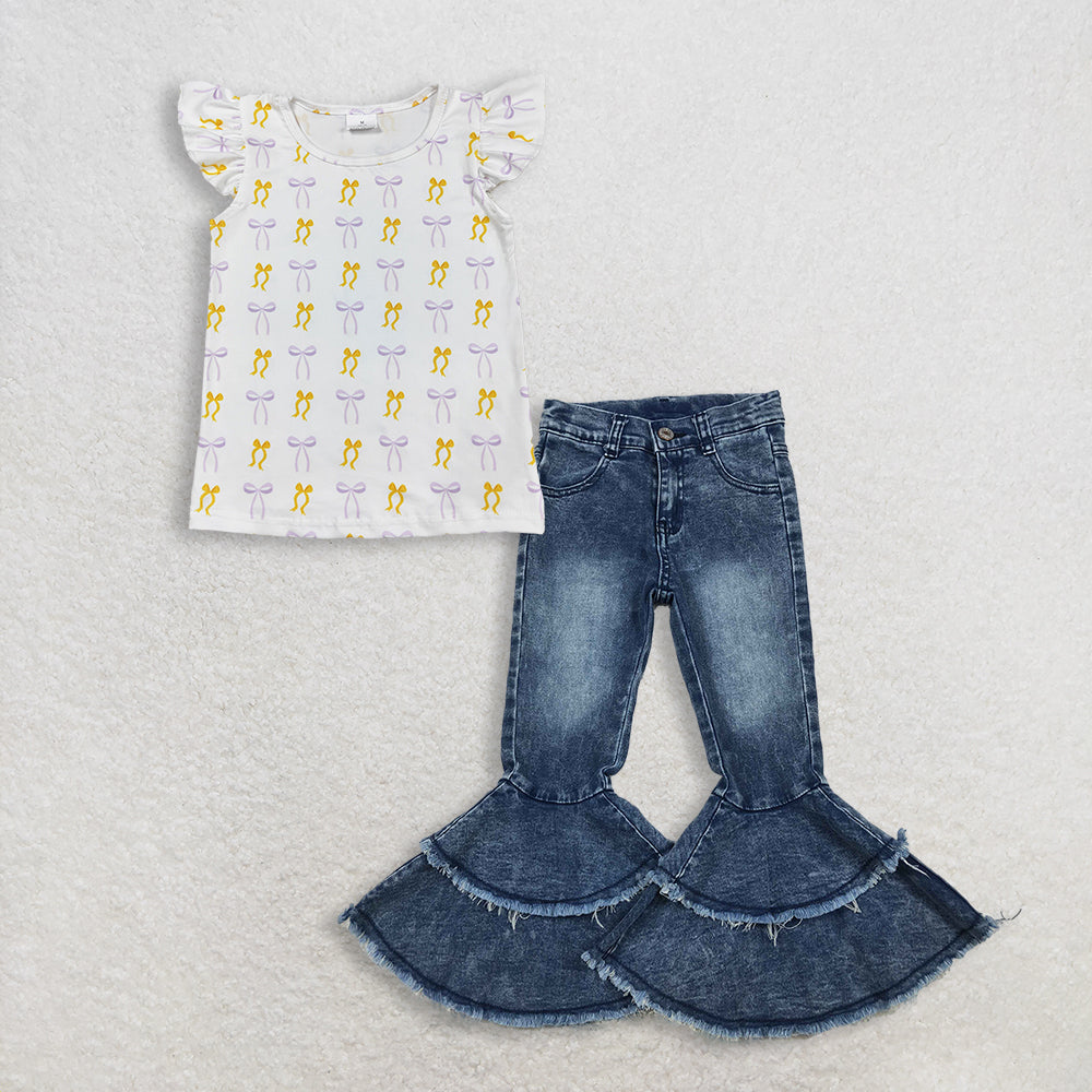 RTS NO MOQ GT1147+C5-15 Baby Girls Yellow Lavender Bows Plaid Tee Shirts Top Washed Blue Ruffle Detail Denim Jeans Set for Little Girls
