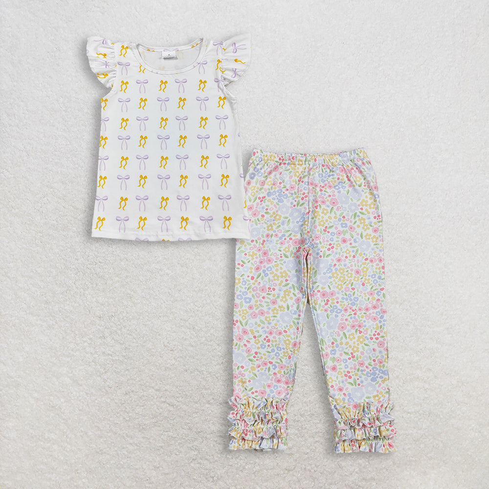 RTS NO MOQ GT1147+P1005 Baby Girls Yellow Lavender Bows Plaid Tee Shirts Top And Flowers Ruffle Legging Pants