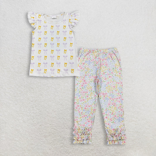 RTS NO MOQ GT1147+P1005 Baby Girls Yellow Lavender Bows Plaid Tee Shirts Top And Flowers Ruffle Legging Pants