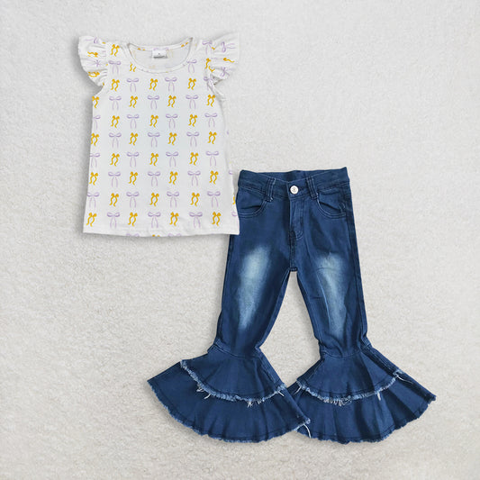 RTS NO MOQ GT1147+P0003 Baby Girls Yellow Lavender Bows Plaid Tee Shirts Top navy blue bleached double ruffle denim pants