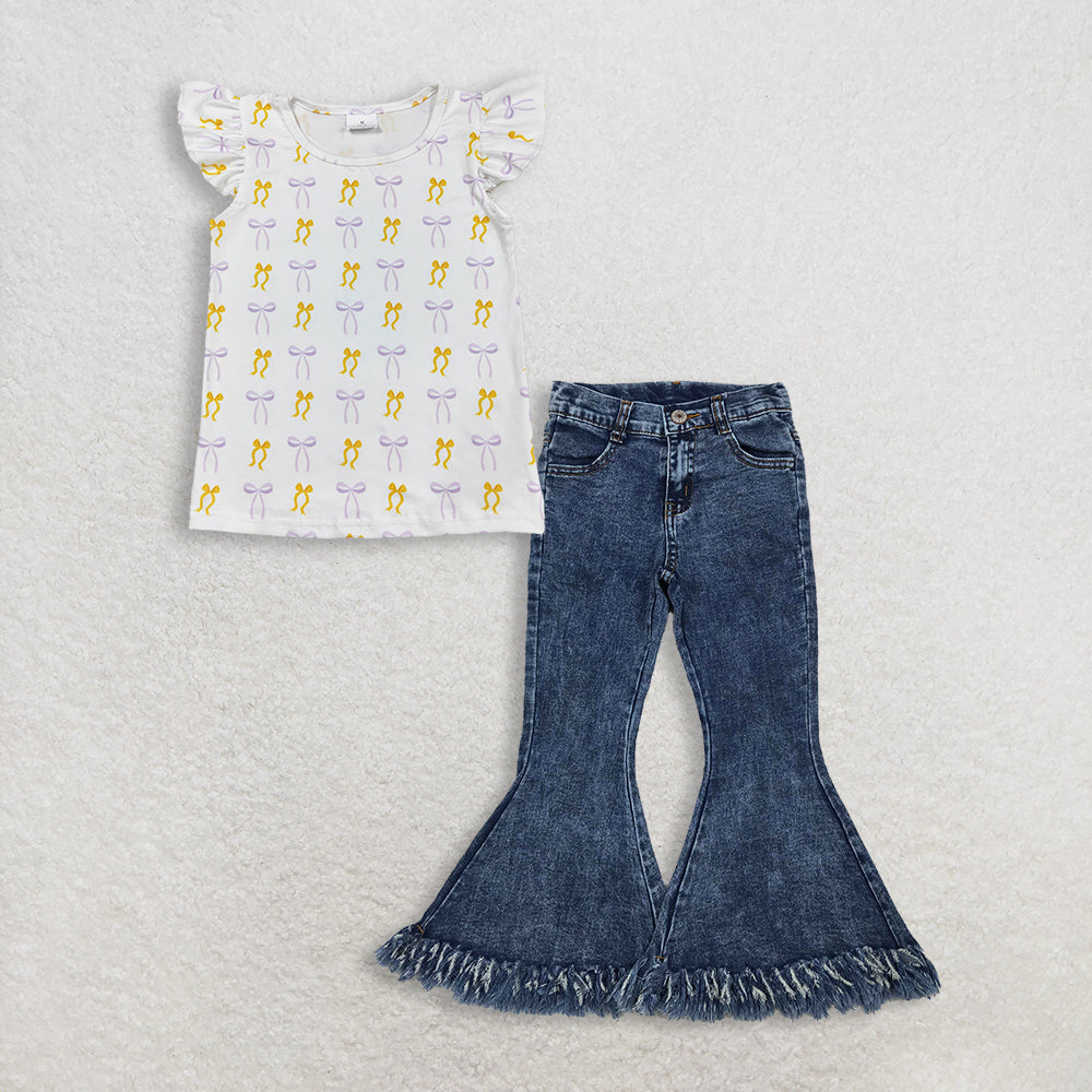 RTS NO MOQ GT1147+P0132 Baby Girls Yellow Lavender Bows Plaid Tee Shirts Top Navy Tassel Denim Bell Pants