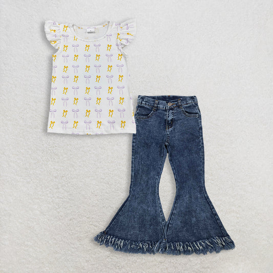 RTS NO MOQ GT1147+P0132 Baby Girls Yellow Lavender Bows Plaid Tee Shirts Top Navy Tassel Denim Bell Pants