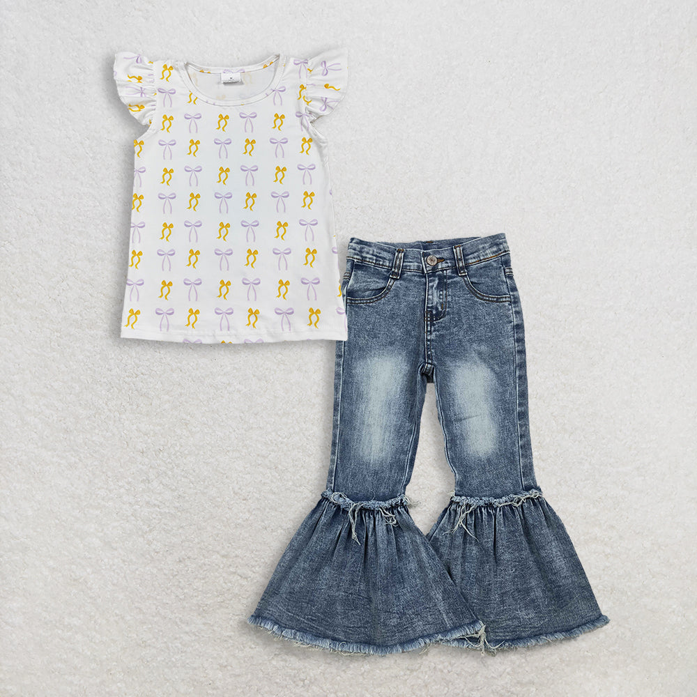 RTS NO MOQ GT1147 +P0676 Baby Girls Yellow Lavender Bows Plaid Tee Shirts Top Navy Bleached Denim Flare Pants