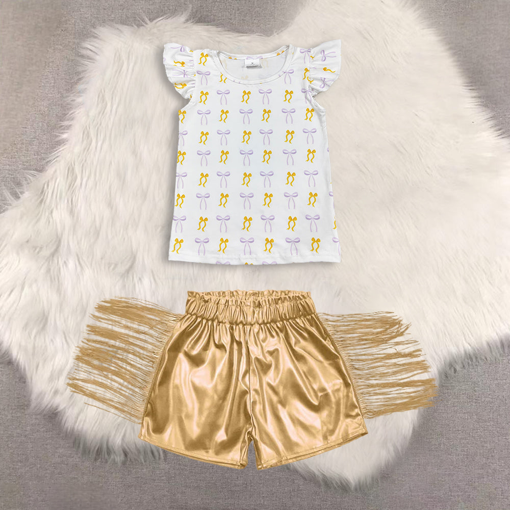 RTS NO MOQ（In Stock) short-sleeved top shiny leather fringed shorts sets
