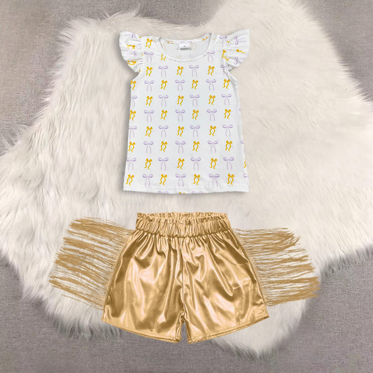 RTS NO MOQ（In Stock) short-sleeved top shiny leather fringed shorts sets