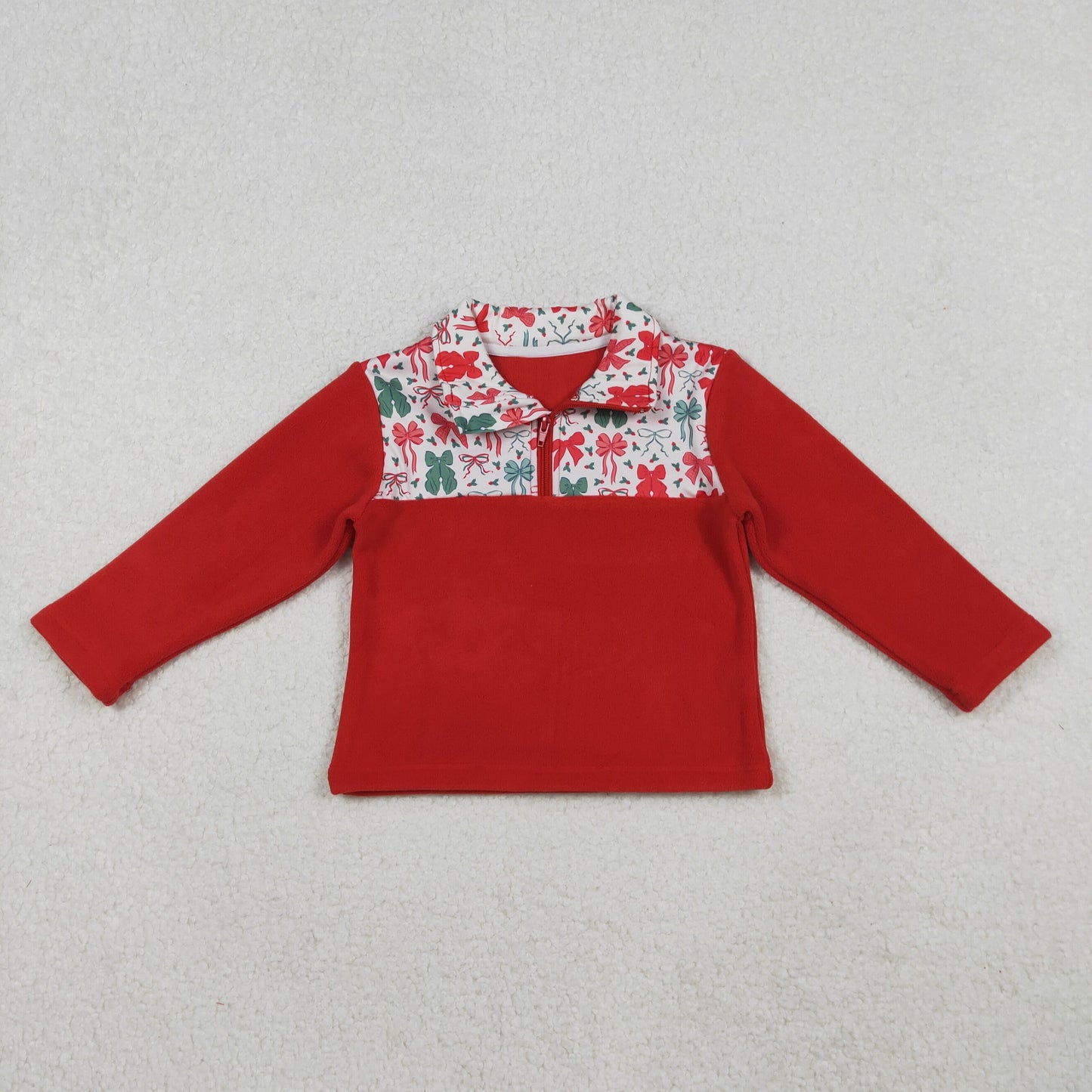 RTS NO MOQ（In Stock) Red and Green Bow Pattern Plush Zippered Long-Sleeved Top Red Lace Pants sets and top and pants