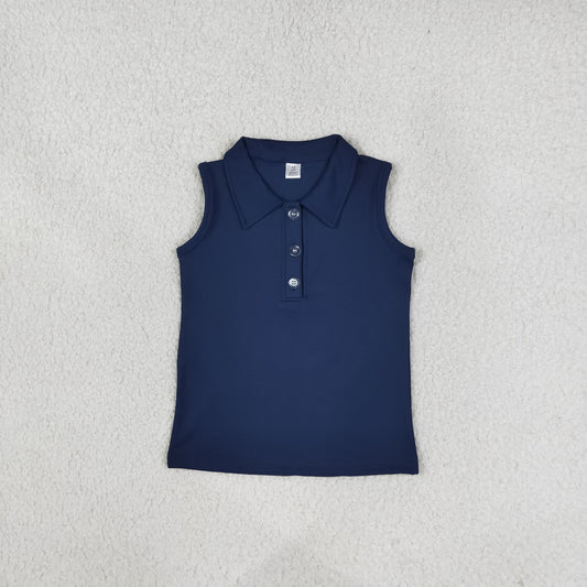 NEW RTS NO MOQ yoga fabric cotton GT1159 Baby Girls Navy Sleeveless Yoga Button Vests Top