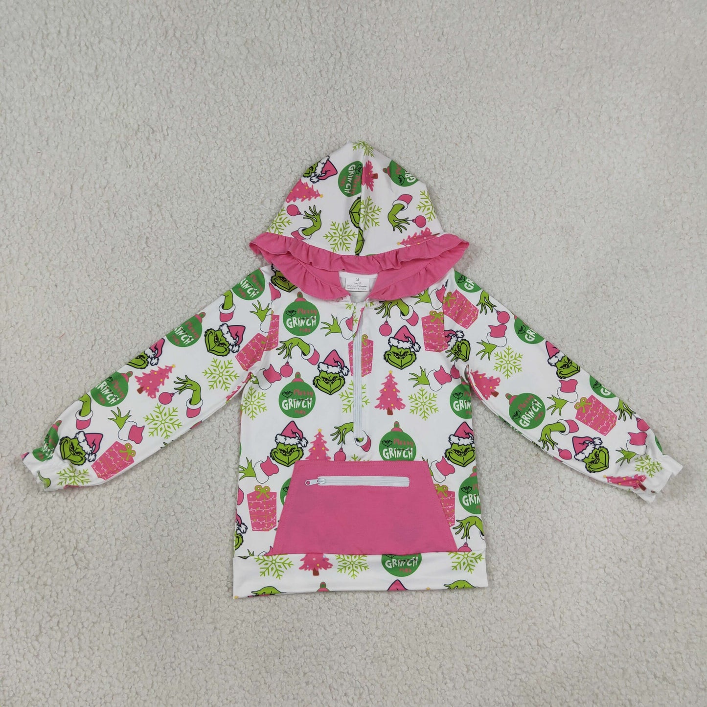 NEW RTS NO MOQ milk silk GT1164 Cute Clothes Baby Girls Gift Print Pocket Zipper Up Christmas Hoodie Top