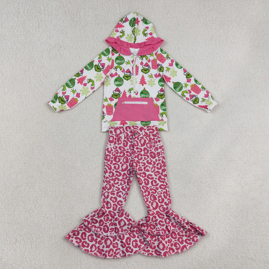 NEW RTS NO MOQ Denim GT1164+ P0044 Cute Clothes Baby Girls Christmas Print Ruffle Hoodie Zip Top Pink Leopard Bell Pants Denim Jeans Set