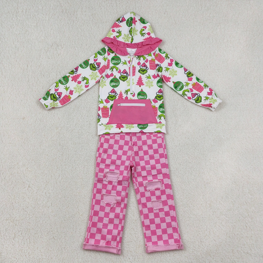 NEW RTS NO MOQ Denim GT1164+ P0096 Cute Clothes Baby Girls Christmas Print Ruffle Hoodie Zip Top Pink Check Denim Cool Pants Set