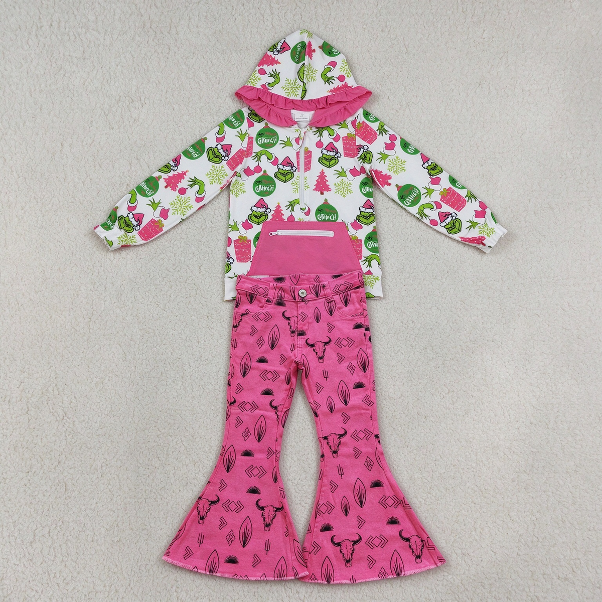 NEW RTS NO MOQ Denim GT1164+ P0159 Cute Clothes Baby Girls Christmas Print Ruffle Hoodie Zip Top Pink Cow Skull Denim Flare Pant Set