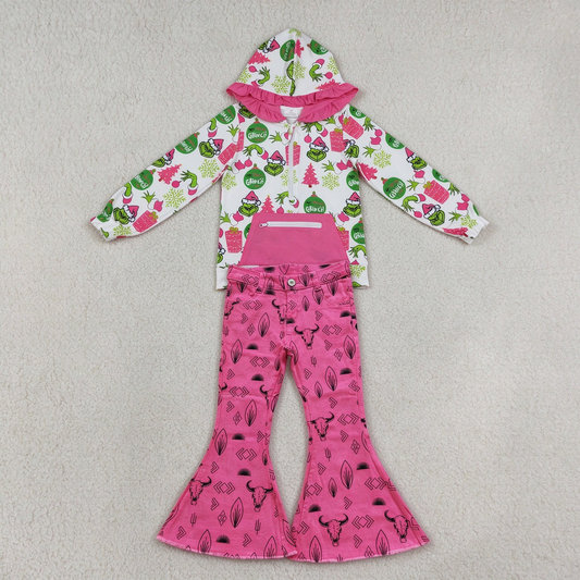 NEW RTS NO MOQ Denim GT1164+ P0159 Cute Clothes Baby Girls Christmas Print Ruffle Hoodie Zip Top Pink Cow Skull Denim Flare Pant Set