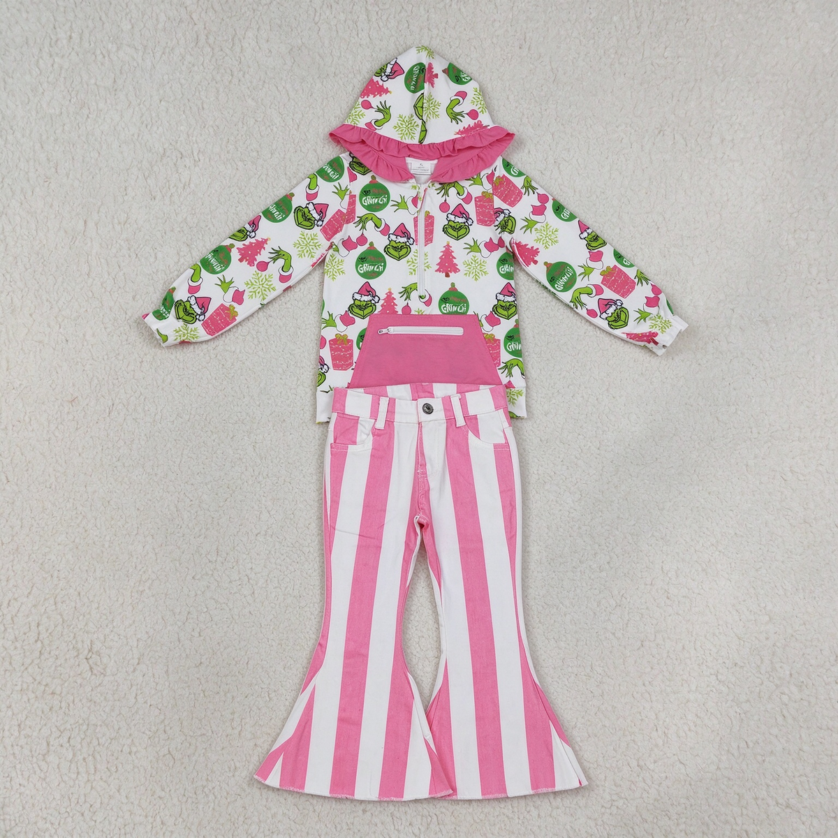 NEW RTS NO MOQ Denim GT1164+ P0315 Cute Clothes Baby Girls Christmas Print Ruffle Hoodie Zip Top Pink Stripes Bell Denim Pants Jeans Set