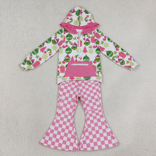 NEW RTS NO MOQ Denim GT1164+ P0348 Cute Clothes Baby Girls Christmas Print Ruffle Hoodie Zip Top Pink Checkered Bell Flare Denim Pants Jeans Set