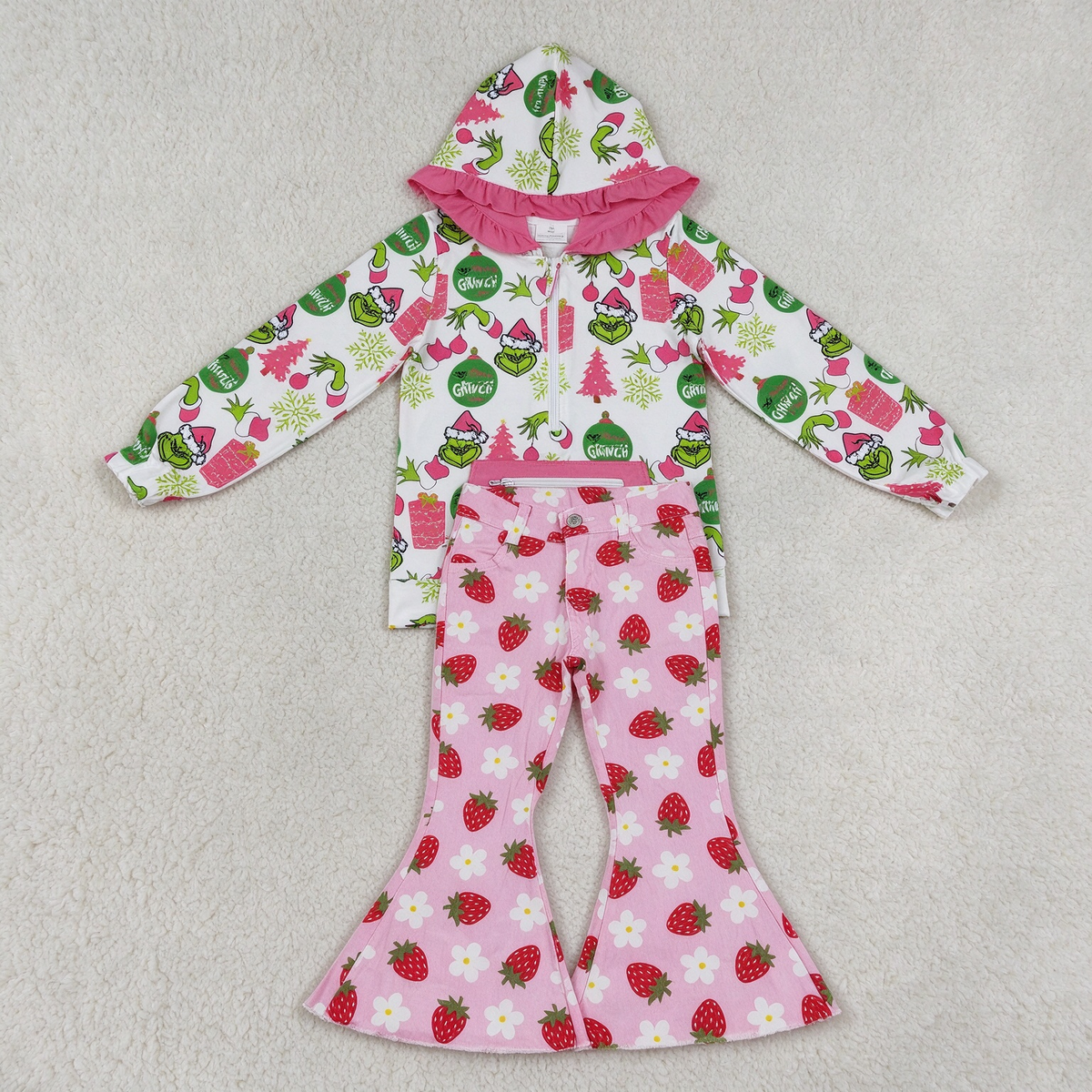 NEW RTS NO MOQ Denim GT1164+ P0396 Cute Clothes Baby Girls Christmas Print Ruffle Hoodie Zip Top Strawberry Flowers Denim Pants Jeans Set