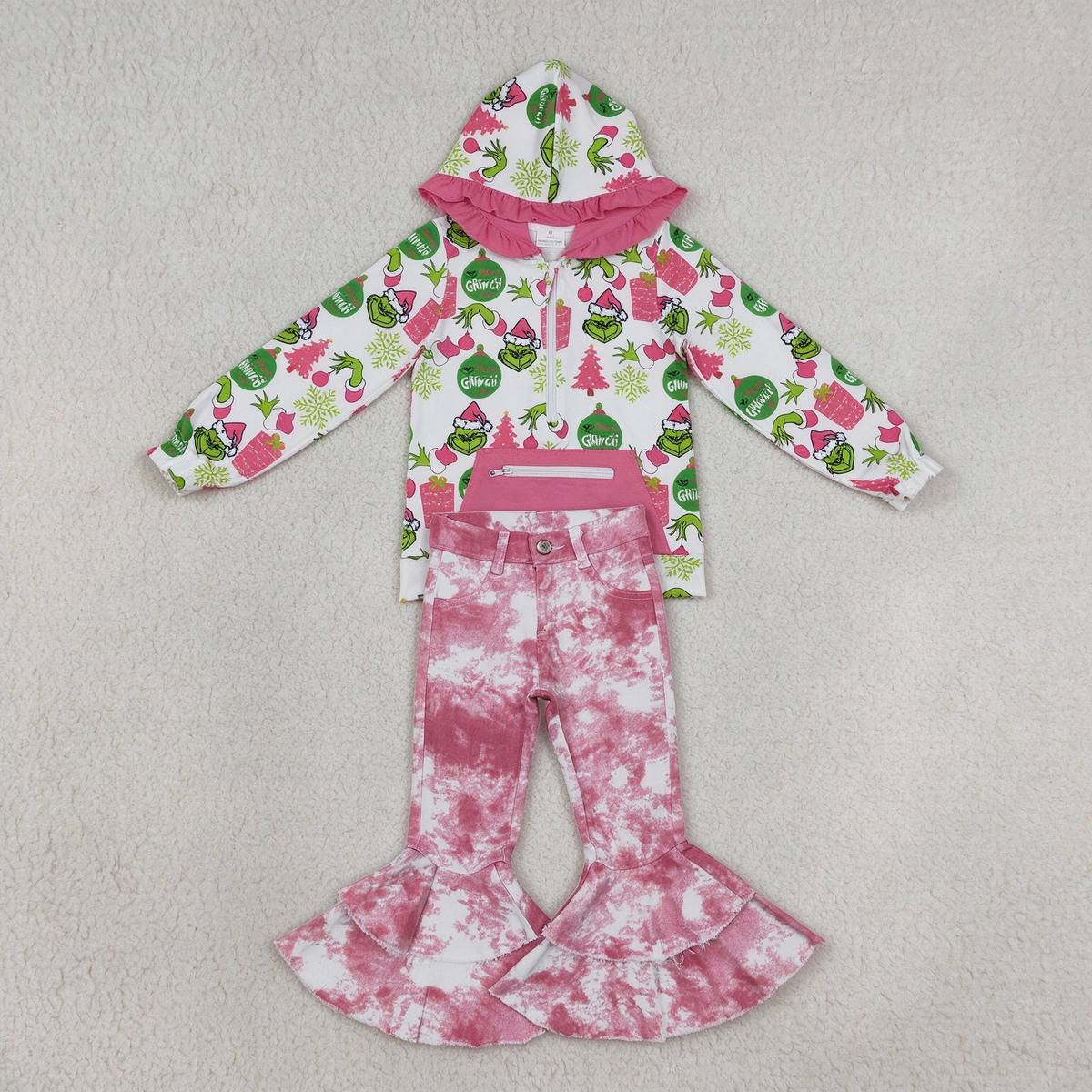 NEW RTS NO MOQ Denim GT1164+ P0399 Cute Clothes Baby Girls Christmas Print Ruffle Hoodie Zip Top Pink Tie Dye Double Ruffle Bell Flare Denim Pants Set