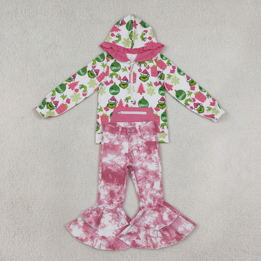 NEW RTS NO MOQ Denim GT1164+ P0399 Cute Clothes Baby Girls Christmas Print Ruffle Hoodie Zip Top Pink Tie Dye Double Ruffle Bell Flare Denim Pants Set