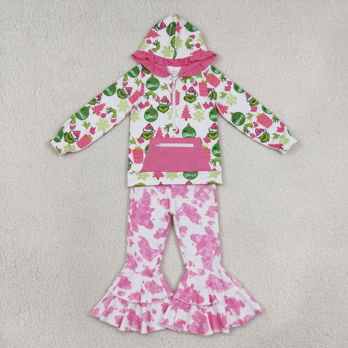 NEW RTS NO MOQ Denim GT1164+ P0406 Cute Clothes Baby Girls Christmas Print Ruffle Hoodie Zip Top Pink Tie Dye Double Ruffle Bell Flare Denim Pants Set