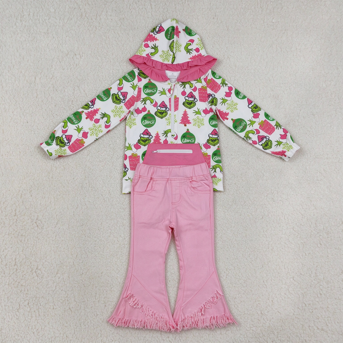 NEW RTS NO MOQ Denim GT1164+ P0463 Cute Clothes Baby Girls Christmas Print Ruffle Hoodie Zip Top Pink Fringe Ruffle Denim Jeans Set