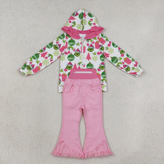 NEW RTS NO MOQ Denim GT1164+ P0463 Cute Clothes Baby Girls Christmas Print Ruffle Hoodie Zip Top Pink Fringe Ruffle Denim Jeans Set
