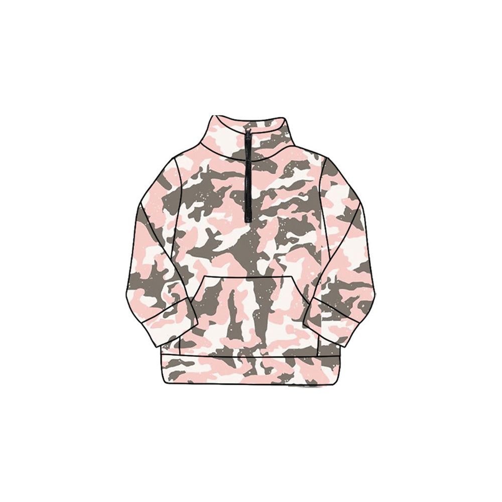 (Preorder new) No moq GT1178 Yoga Baby Girls Pink Gray Camo Pockets Zipper Yoga Pullovers Top Cute Active Top