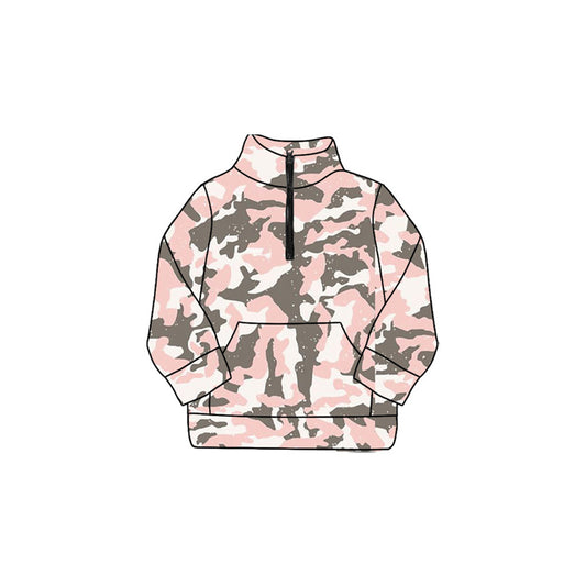 (Preorder new) No moq GT1178 Yoga Baby Girls Pink Gray Camo Pockets Zipper Yoga Pullovers Top Cute Active Top