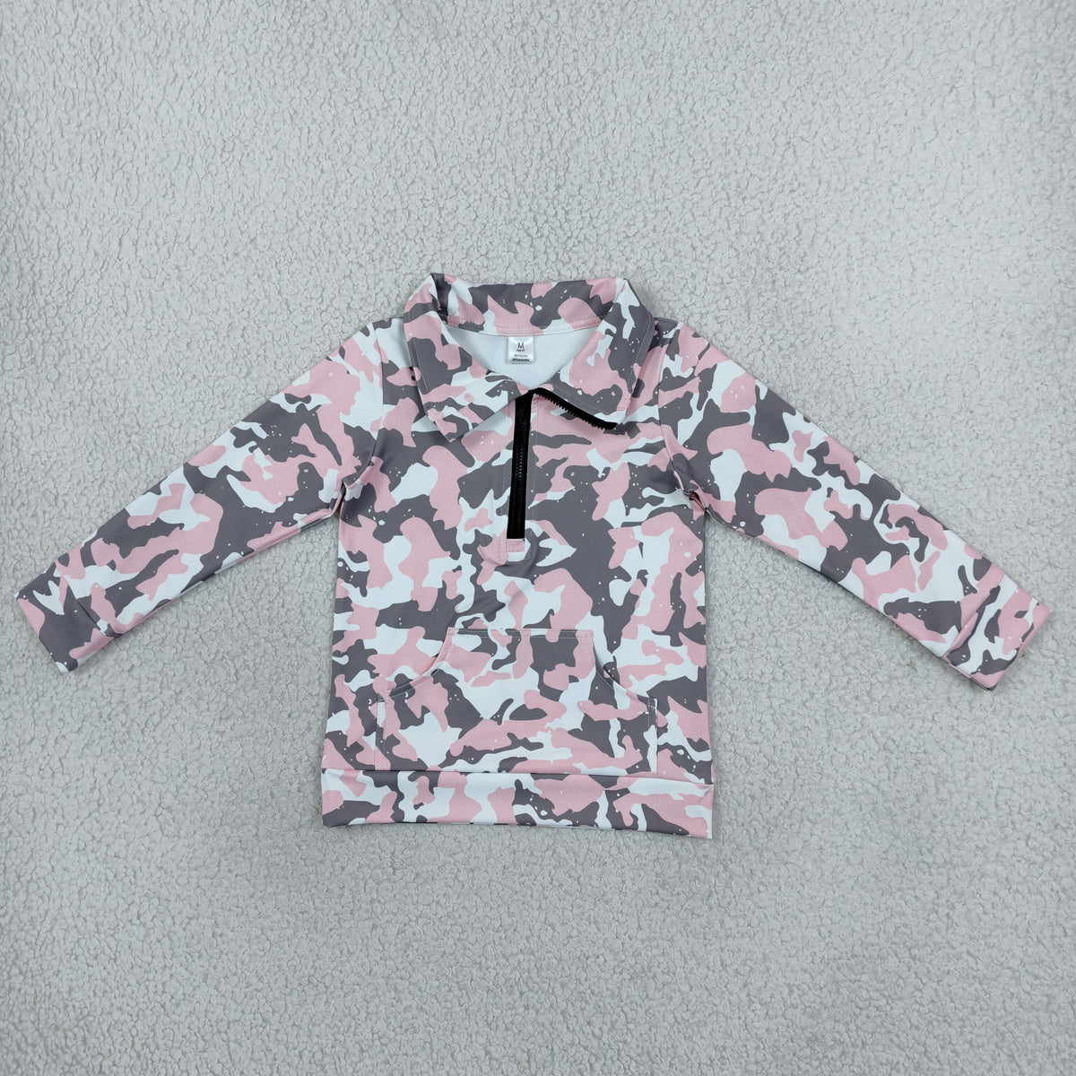 NEW RTS NO MOQ yoga fabric GT1178 Yoga Baby Girls Pink Gray Camo Pockets Zipper Yoga Pullovers Top