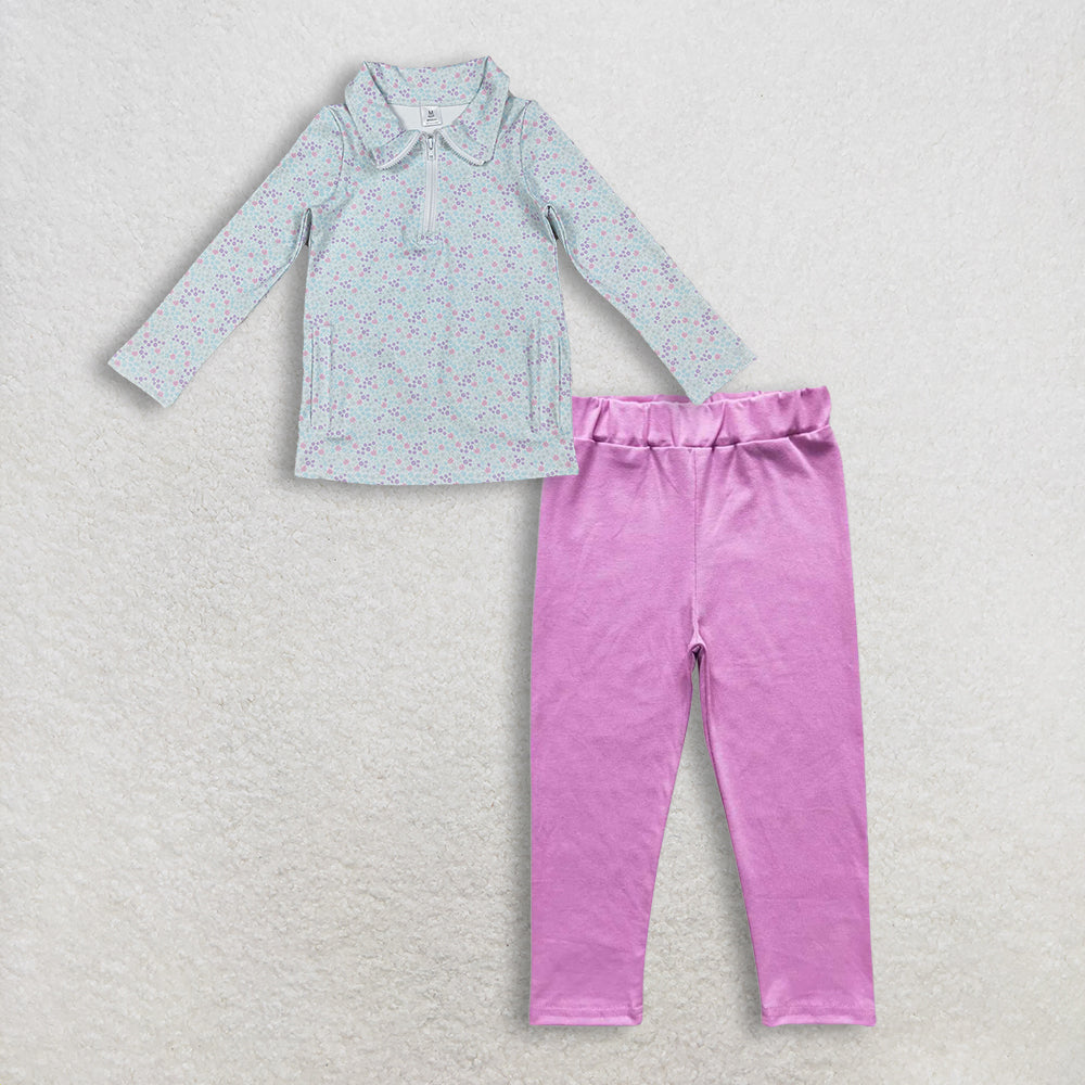RTS NO MOQ（In Stock) Pink long-sleeved zip-up yoga top with floral, leaf, and bow pattern Pants set