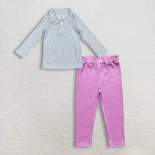 RTS NO MOQ Sibling baby girl clothes long-sleeved zip-up yoga top with floral, leaf, and bow pattern Pants set and top and pants
