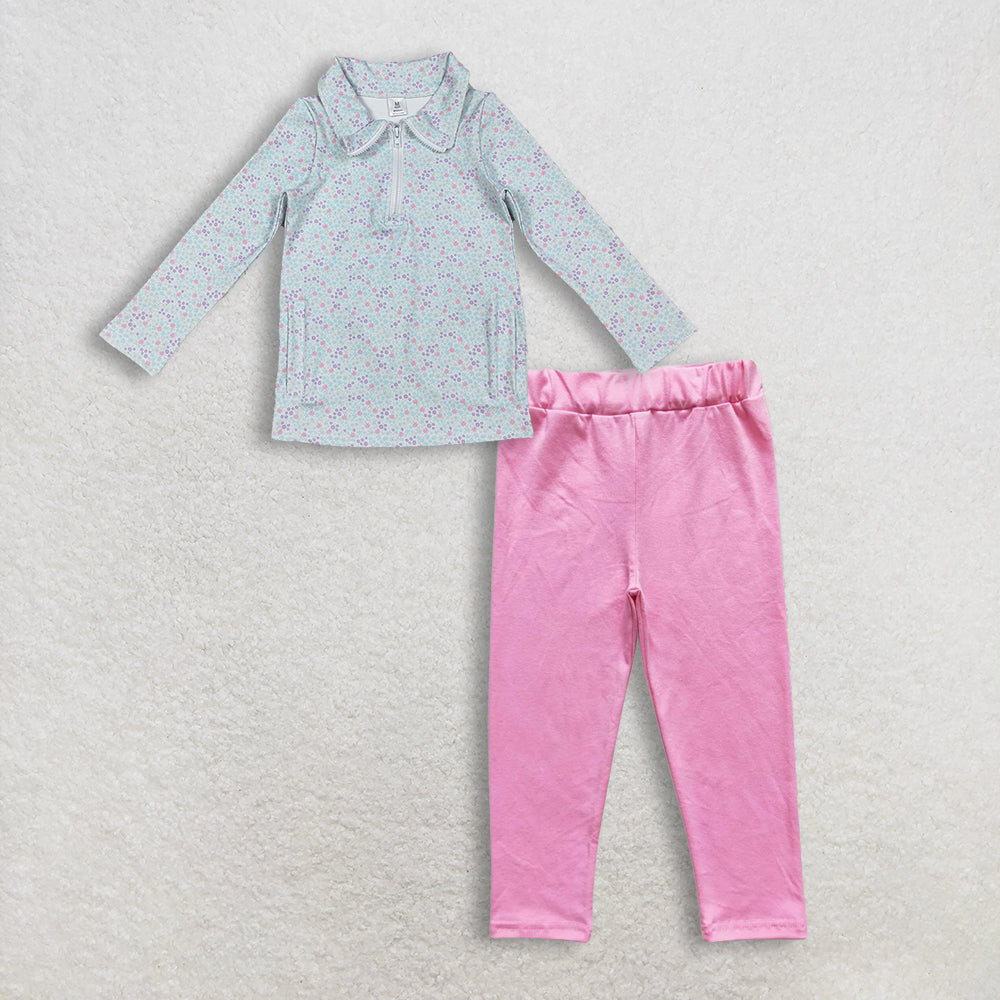 RTS NO MOQ Sibling baby girl clothes long-sleeved zip-up yoga top with floral, leaf, and bow pattern Pants set and top and pants