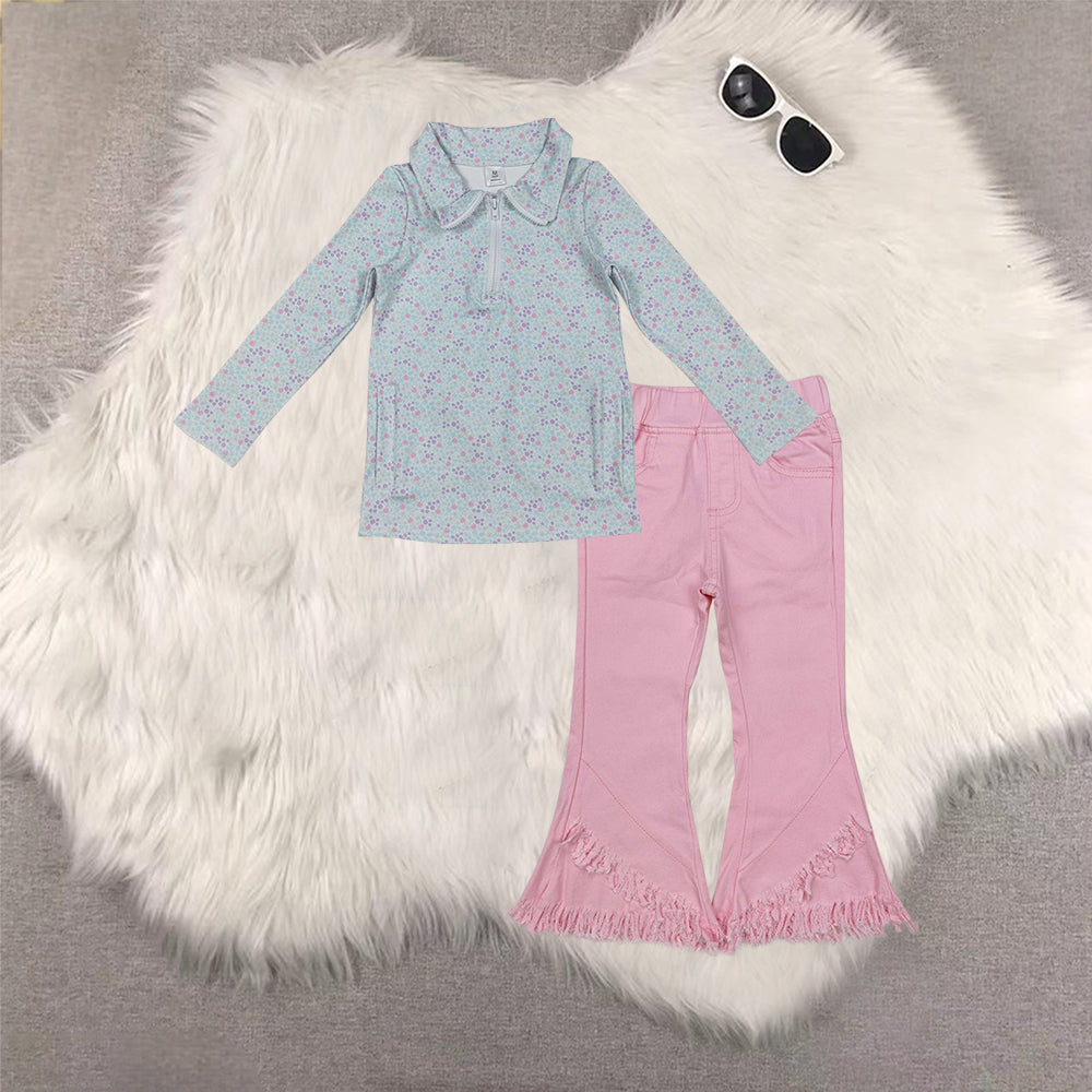 RTS NO MOQ Sibling baby girl clothes yoga rugby bow zipper long sleeve top Pink tassel elastic waist denim pants sets 5