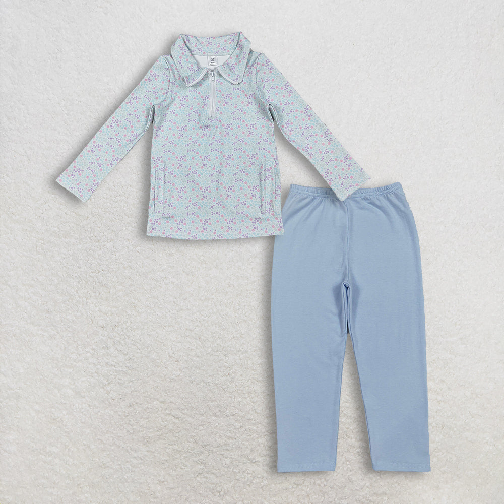 RTS NO MOQ Sibling baby girl clothes long-sleeved zip-up yoga top with floral, leaf, and bow pattern Pants set and top and pants