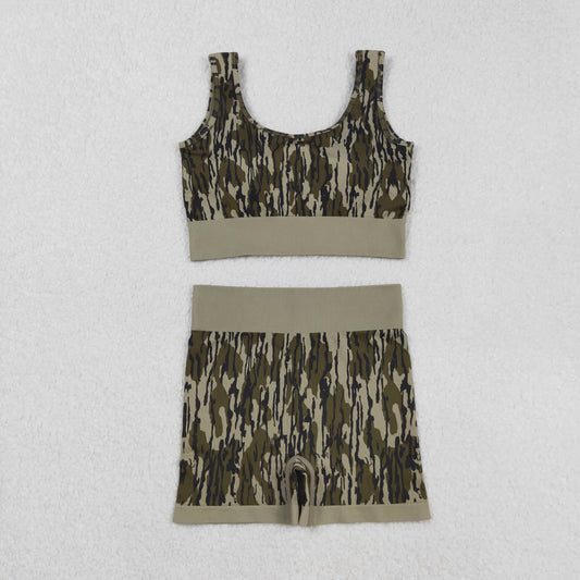 RTS NO MOQ（In Stock) GT1187+SS0642 Adult Women's Army Green Camouflage Vest Shorts set