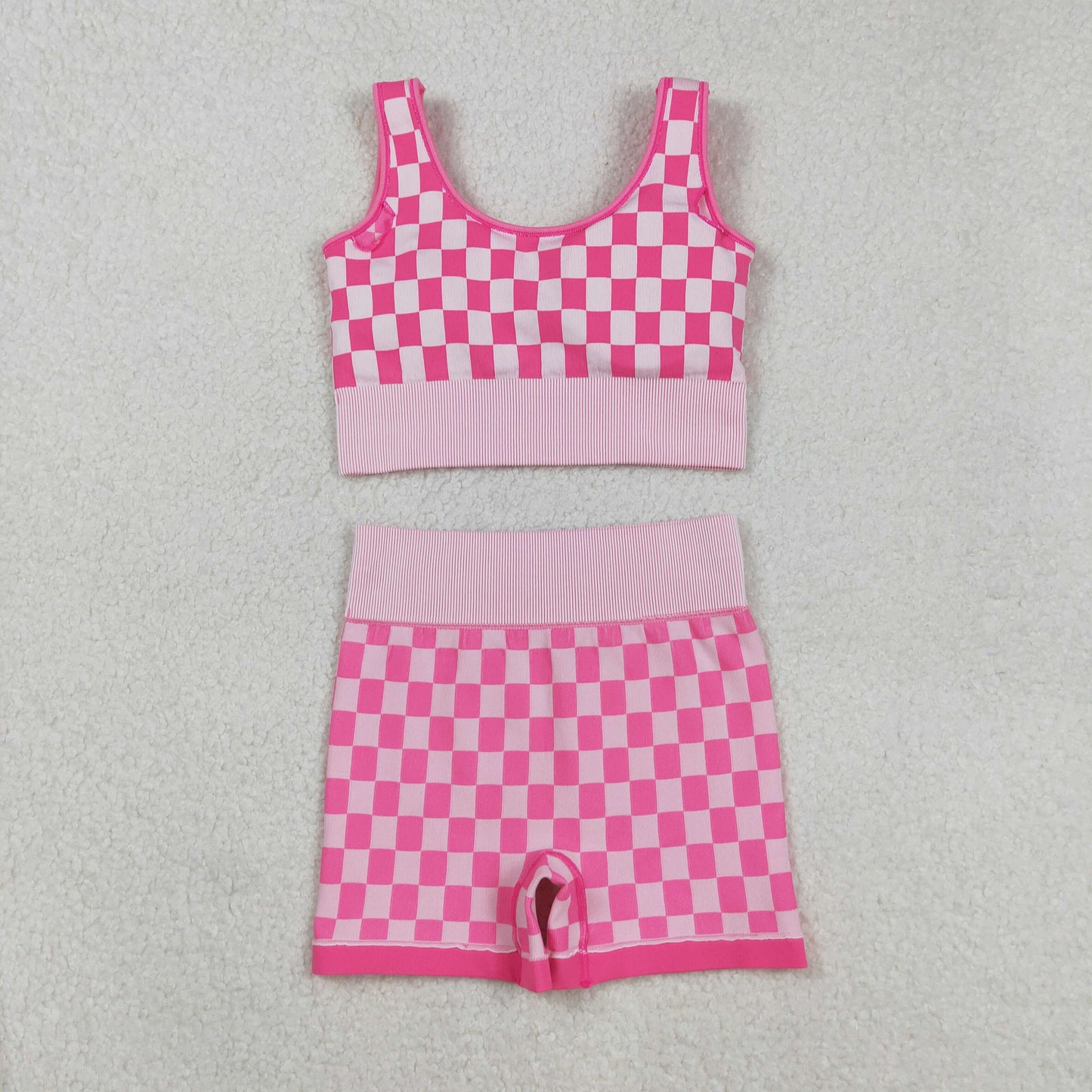 RTS NO MOQ Sibling Adult Women's Pink and White Checkered Tank Top and shorts and set