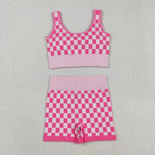 RTS NO MOQ（In Stock) GT1190+SS0645 Adult Women's Pink and White Checkered Tank Top Shorts set