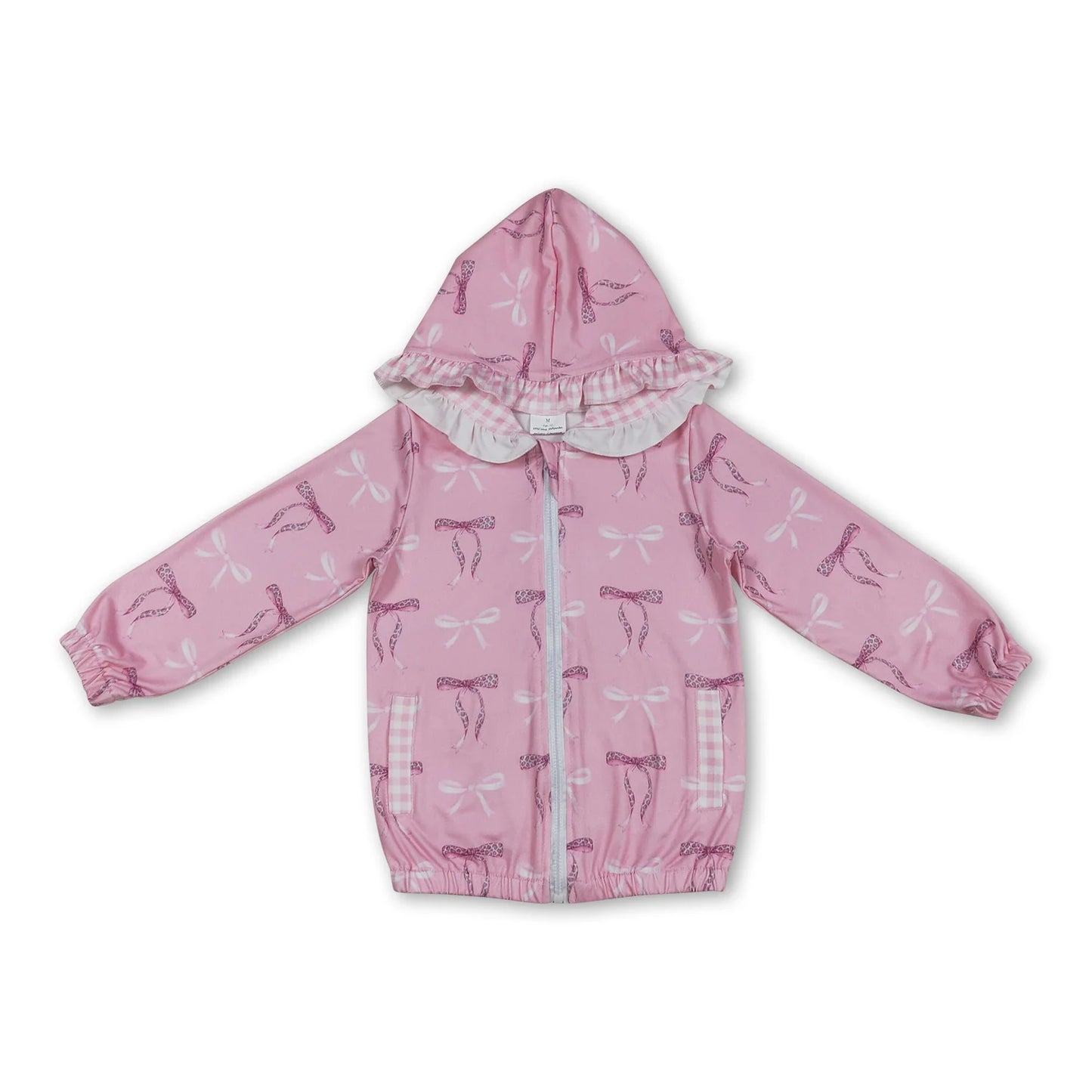 RTS NO MOQ Sibling milk silk Toddler Girls Pink Bow Print Hooded Zip Top Cardigan Jacket