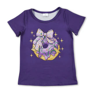 RTS NO MOQ Milk Silk Sibling Baby Girls Purple Short Sleeve Bow Donuts Boots Tassel Mardigras T-shirts Tops