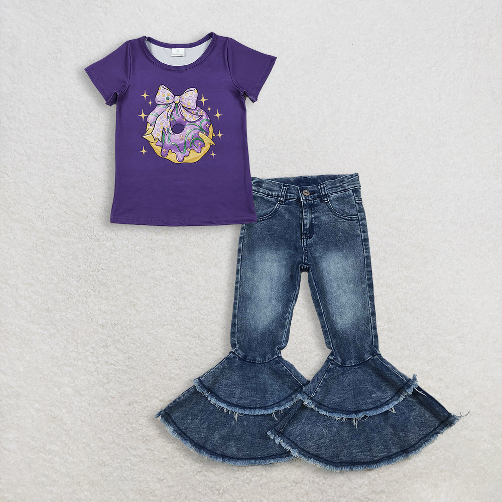 RTS NO MOQ GT1252+C5-15 Baby Girls Purple Short Sleeve Bow Donuts Mardi Gras Tee Shirt Top Washed Blue ruffle denim jeans