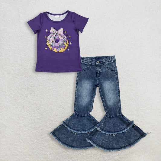 RTS NO MOQ GT1252+C5-15 Baby Girls Purple Short Sleeve Bow Donuts Mardi Gras Tee Shirt Top Washed Blue ruffle denim jeans