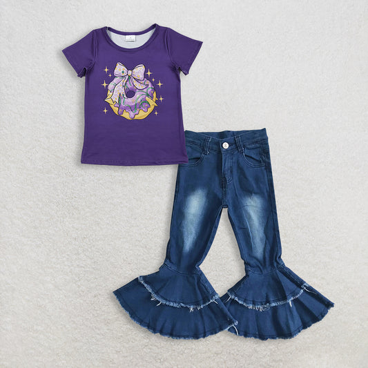 RTS NO MOQ GT1252+P0003 Baby Girls Purple Short Sleeve Bow Donuts Mardi Gras Tee Shirt Top Navy Blue Bleached Double Ruffle Denim Pants