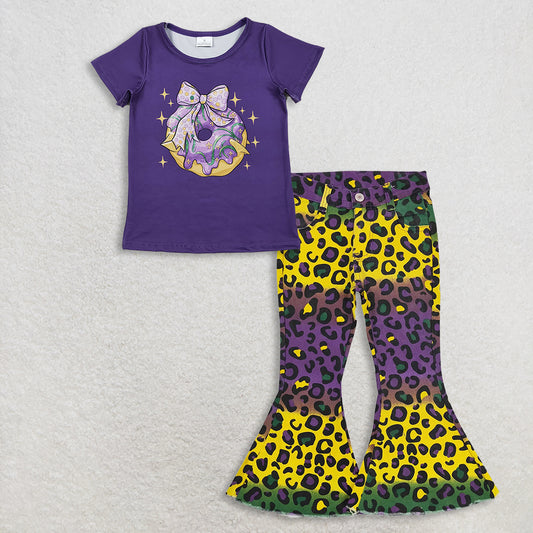 RTS NO MOQ（In Stock) GT1252+P0314 mardi gras bow short-sleeved top jeans pants set