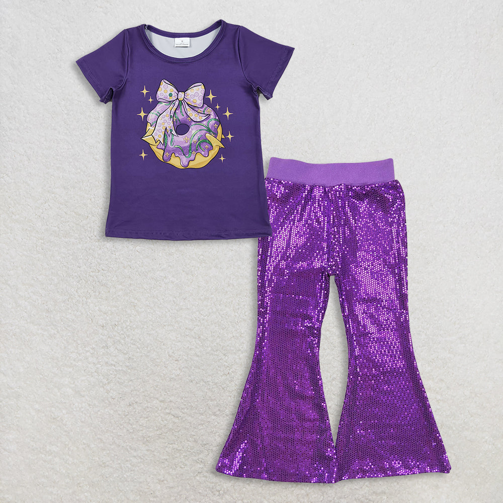 RTS NO MOQ（In Stock) GT1252+P0500 Baby Girls Mardi Gras Outfit Set with Flutter Sleeve Top And Sequin Pants Purple Cute And Festive Children's Clothing