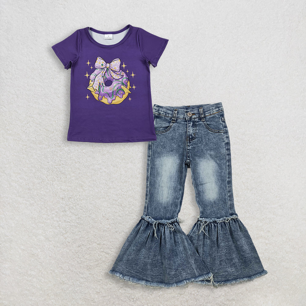 RTS NO MOQ GT1252+P0676 Baby Girls Mardi Gras Purple Ruffle Tee Shirt Top Navy Bleached Denim Flare Pants