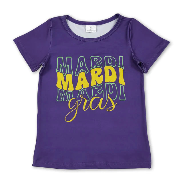 RTS NO MOQ Milk Silk Sibling Baby Girls Purple Short Sleeve Bow Donuts Boots Tassel Mardigras T-shirts Tops