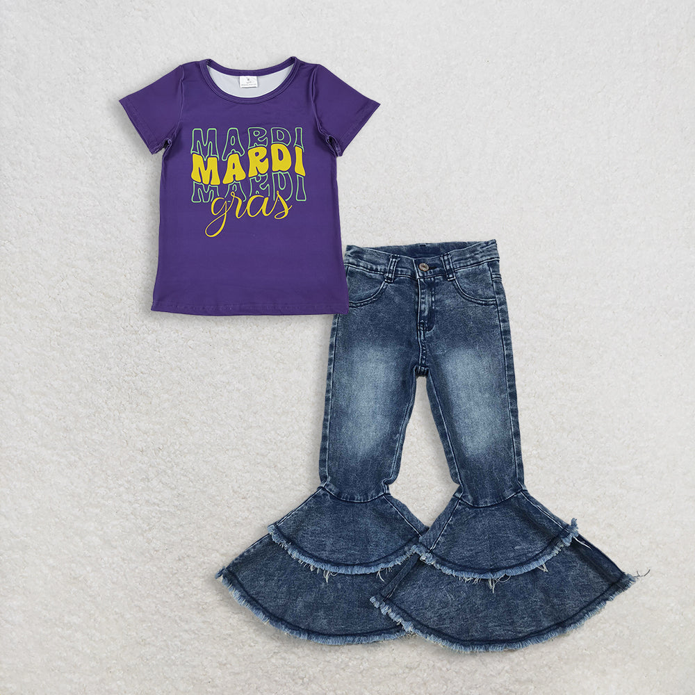 RTS NO MOQ GT1253+C5-15 Baby Girls Purple Short Sleeve Mardi Gras Tee Shirt Top Washed Blue ruffle denim jeans