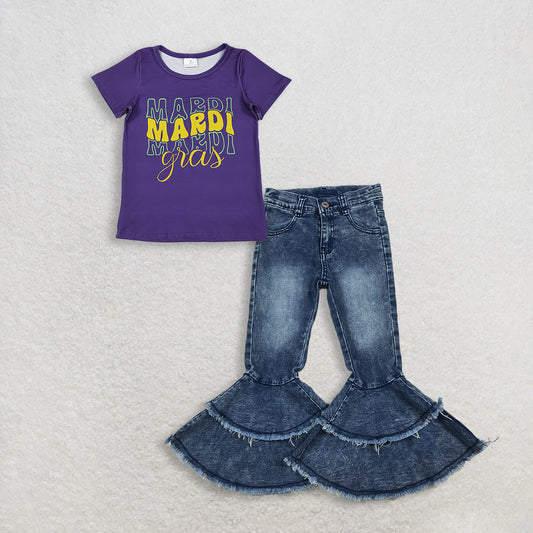 RTS NO MOQ GT1253+C5-15 Baby Girls Purple Short Sleeve Mardi Gras Tee Shirt Top Washed Blue ruffle denim jeans