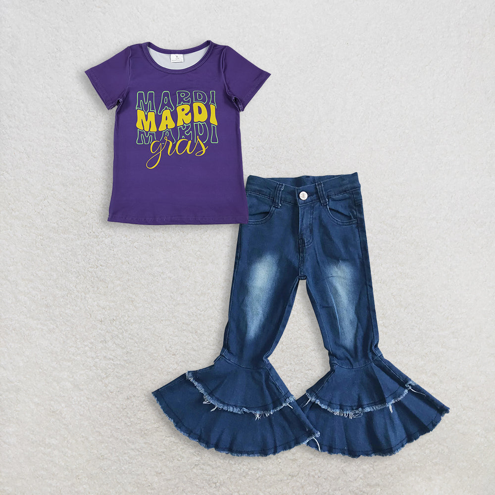 RTS NO MOQ GT1253+P0003 Baby Girls Purple Short Sleeve Mardi Gras Tee Shirt Top Navy Blue Bleached Double Ruffle Denim Pants